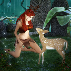 Fantasy scene of a young fairy with horns and a lovely little fawn in the wild forest - 470855031