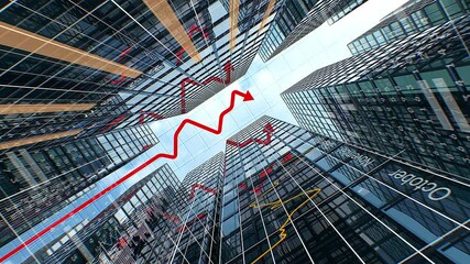 Graphs and Diagrams Growing on Modern Buildings. Abstract Business Style 3d Animation. Red Arrow Graph, Digital Data and Diagrams Over Glass Walls of Skyscrapers. Business Concept 4k UHD 3840x2160