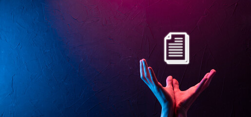 Businessman man holding a document icon in his hand Document Management Data System Business...