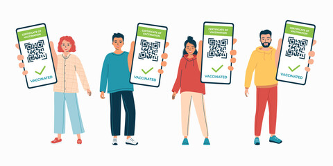 Young men and women show the QR code of the Covid-19 coronavirus vaccination certificate on the phone screen. Digital sanitary pass, vaccine passport. Travel permit. Isolated vector illustrations - obrazy, fototapety, plakaty