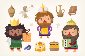 Three kings characters and gifts for Epiphany day. Isolated vector illustrations on transparent background.