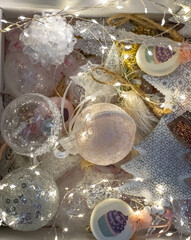 Moscow, Russia, November 2010, Christmas decorations in a box, a garland of lights