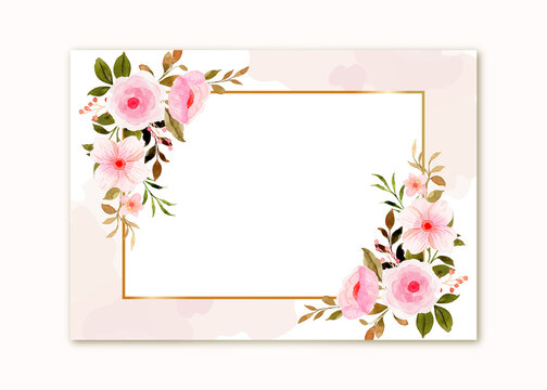 Watercolor pink pastel flower with gold frame