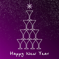 Vector greeting illustration with champagne glasses and snowflake. New year poster with champagne glass in Velvet Violet for your design. EPS10