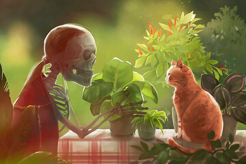the skeleton sits at the table and looks at the cat