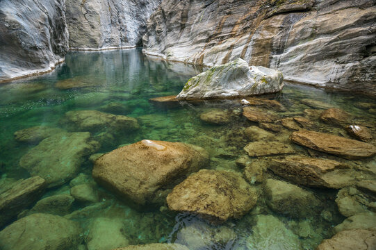 turquoise water of Hinterrhein in Viamala Canyon in Graub&uuml;nden