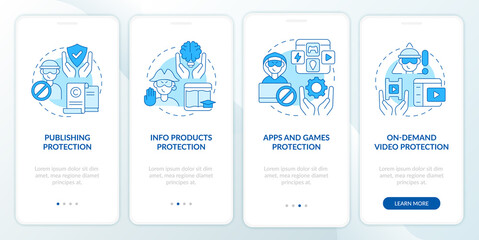 Fototapeta na wymiar Copyright protection onboarding mobile app page screen. Info products security walkthrough 4 steps graphic instructions with concepts. UI, UX, GUI vector template with linear color illustrations