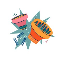 Hair styling accessories. Diffusers for hair dryers, clips and hairpins to create volume at the roots. Curly girl method. Vector.