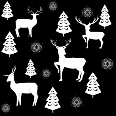 White deer and snowflake chaotic on black pattern