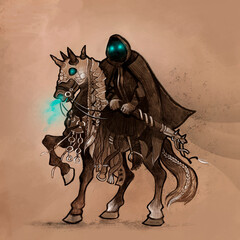 a mystical warrior with glowing eyes on a horse
