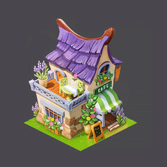 cafe house with balcony and flowers