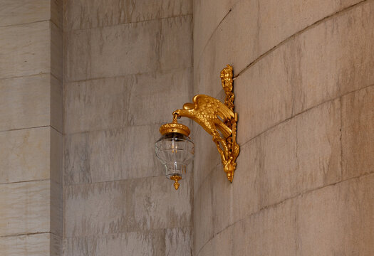 A decorative standing lantern on the wall of the Shrin eof  Bahai Garden, located on Mount Carmel in the city of Haifa, in northern Israel