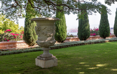 A decorative vessel on a pedestal in the Bahai Garden, located on Mount Carmel in the city of Haifa, in northern Israel