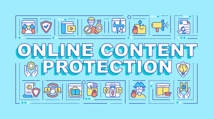 Fototapeta na wymiar Online content protection word concepts banner. Copyright law. Infographics with linear icons on turquoise background. Isolated creative typography. Vector outline color illustration with text