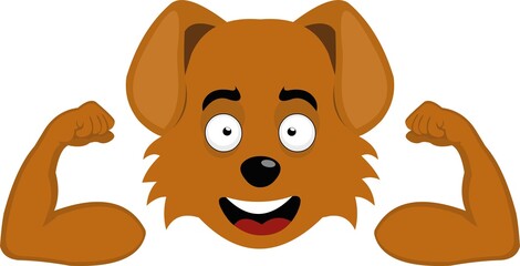 Vector illustration of a cartoon dog's face flexing his arms and contracting his biceps
