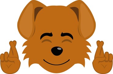 Vector illustration of the face of a cartoon dog crossing the fingers of the hands in concept of good luck