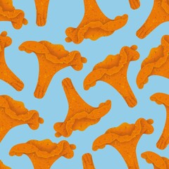Seamless pattern orange chanterelle mushrooms on a light blue background. For packaging, textiles, design