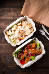 two salads in eco thermo box, Healthy food delivery. Take away food service