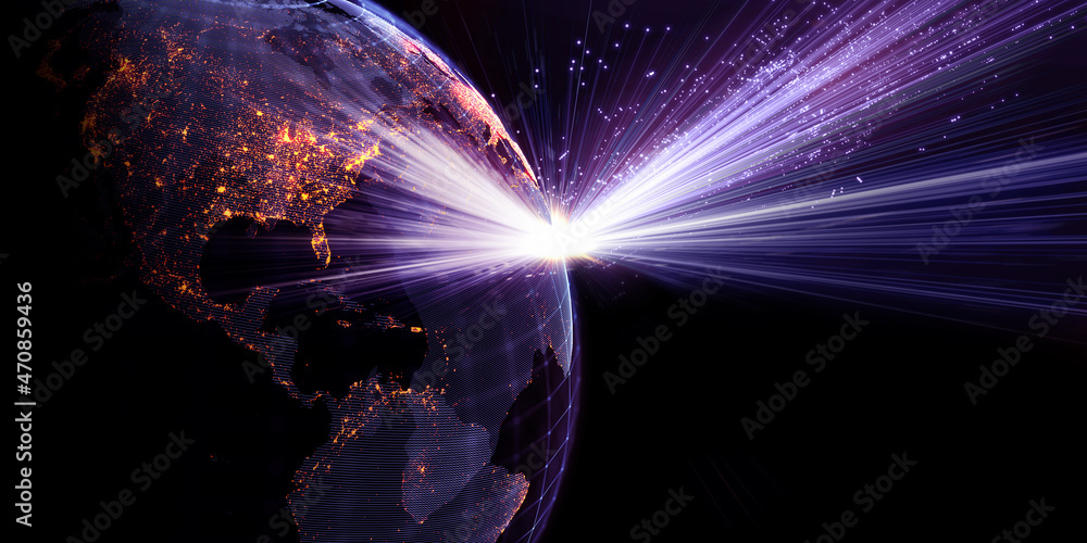 Poster Global International Connectivity Background/3D illustration. Connection lines Around Earth Globe, Motion of digital data flow. Futuristic Technology Theme Background with Light Effect.