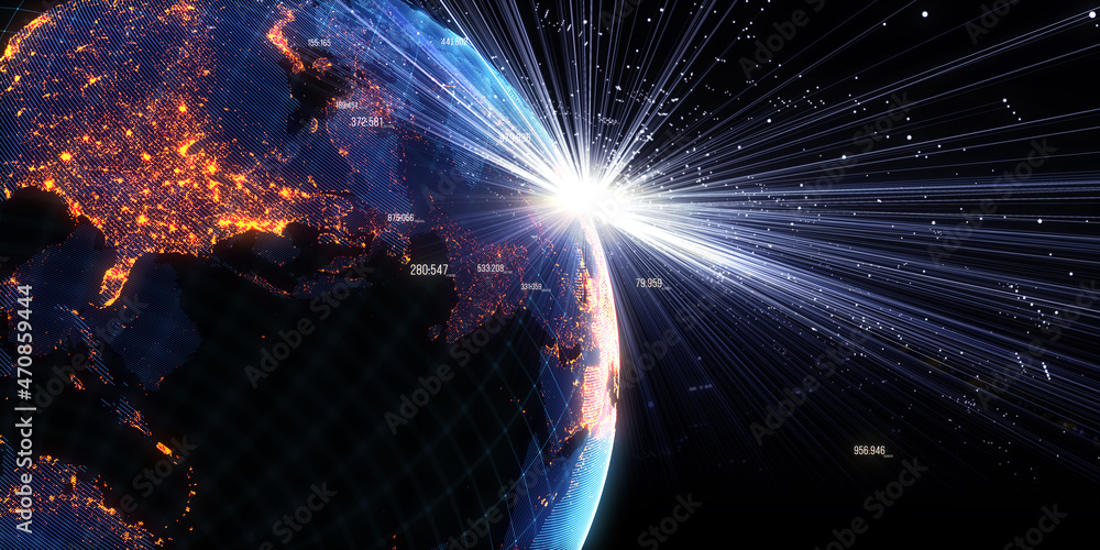 Poster Global International Connectivity Background/3D illustration. Connection lines Around Earth Globe, Motion of digital data flow. Futuristic Technology Theme Background with Light Effect.