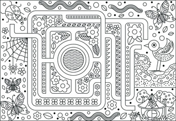 Vector maze coloring book with insects. Help the ladybug find her home. 
