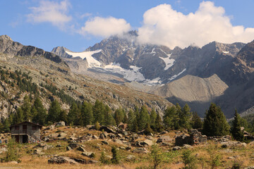 Imposante Alpenlandschaft; Hochebene von Preda Rossa mit Blick zum Monte Disgrazia (Bernina-Alpen)