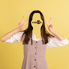 Contemporary artwork. Conceptual portrait of faceless woman with word smile instead face. Human...