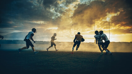 Obraz na płótnie Canvas American Football Field Two Teams Compete: Players Pass and Run Attacking to Score Touchdown Points. Professional Athletes Fight for the Ball, Tackle. Dramatic Golden Hour Sunset