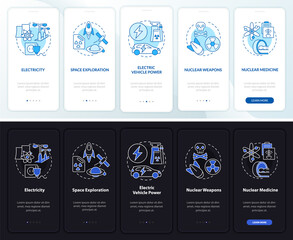 Fototapeta na wymiar Nuclear energy usage onboarding mobile app page screen. Electricity walkthrough 5 steps graphic instructions with concepts. UI, UX, GUI vector template with linear night and day mode illustrations