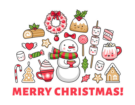Merry christmas greeting card, banner, poster, print for children. Cute snowman, gingerbread house and cookies, christmas log, marshmallows. Vector cartoon illustrations.