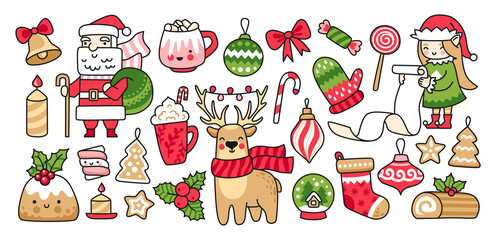 Santa Claus, cute christmas elf with a scroll of gifts, deer, pudding, holly and holiday decorations. Collection of xmas stickers, prints, vector cartoon isolated illustrations.