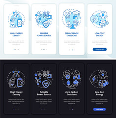 Fototapeta na wymiar Nuclear power pros onboarding mobile app page screen. Energy density walkthrough 4 steps graphic instructions with concepts. UI, UX, GUI vector template with linear night and day mode illustrations