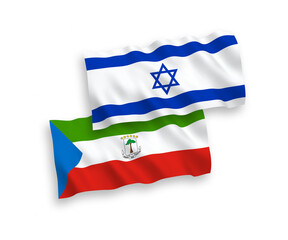 National vector fabric wave flags of Republic of Equatorial Guinea and Israel isolated on white background. 1 to 2 proportion.
