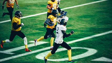 American Football Teams Start Game: Professional Players, Aggressive Face-off, Tackle, Pass, Fight...