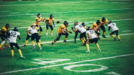 American Football Teams Start Game: Professional Players, Aggressive Face-off, Tackle, Pass, Fight...