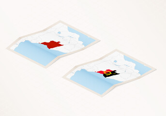 Two versions of a folded map of Angola with the flag of the country of Angola and with the red color highlighted.