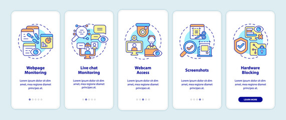 Employee monitoring software features onboarding mobile app page screen. Work control walkthrough 5 step graphic instructions with concepts. UI, UX, GUI vector template with linear color illustrations