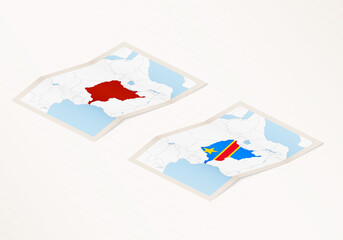 Two versions of a folded map of DR Congo with the flag of the country of DR Congo and with the red color highlighted.
