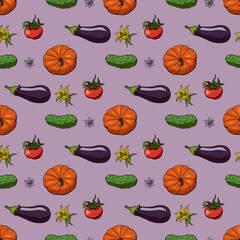 Seamless pattern with tomatoes, cucumbers, eggplants and pumpkins on light purple background. Endless texture with vegetables for your design