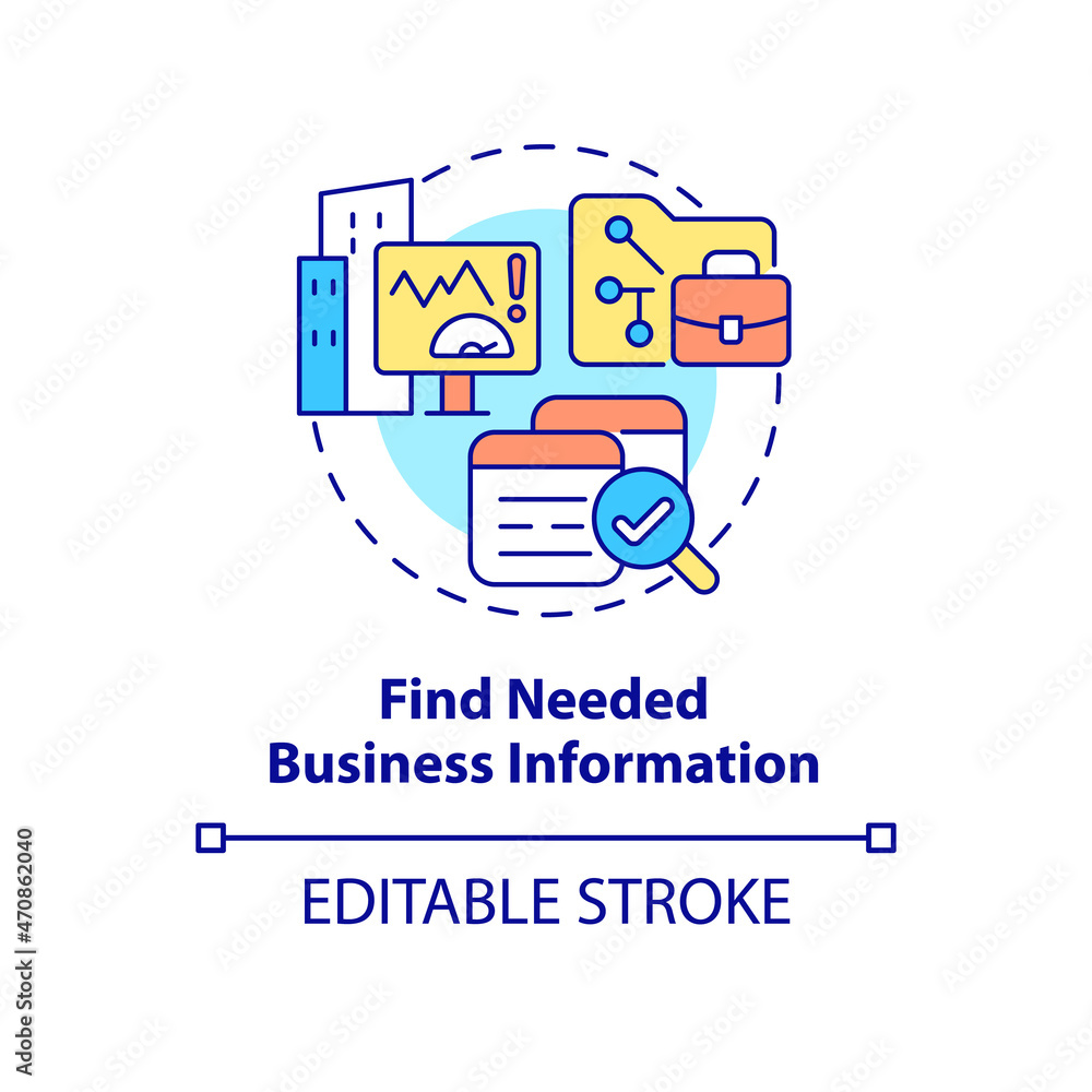 Poster find needed business information concept icon. search for work data on computer. employee monitoring