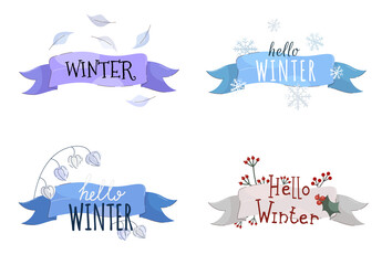 Hello winter lettering compositions set with snowflakes, holly and ribbon. Vector stock illustration