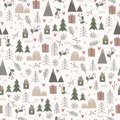 Christmas pattern in scandinavian style with houses, mountains and christmas tree on white background. Vector stock illustration