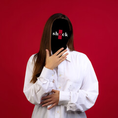 Contemporary creative portrait of faceless girl with word shock instead face. Human emotions,...