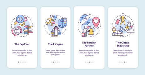 Expats types onboarding mobile app page screen. Moving abroad reasons walkthrough 4 steps graphic instructions with concepts. UI, UX, GUI vector template with linear color illustrations
