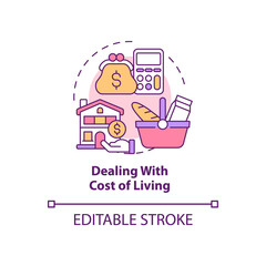 Dealing with cost of living concept icon. Expats struggle abstract idea thin line illustration. Paying for housing. Budget for living abroad. Vector isolated outline color drawing. Editable stroke