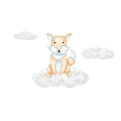 Watercolor illustration cute fox on the sky for nursery and baby shower