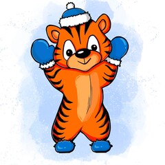 Cute tiger with big eyes in Santa Claus cap, mittens and boots on blue background. Christmas illustration for designers, book publishers, for printing on T-shirts, fabrics, phone covers, postcards.