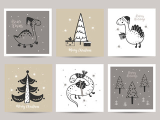 Set of Christmas cards with black dinosaurs.