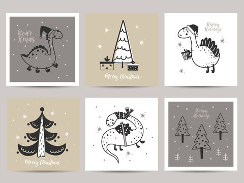 Set of Christmas cards with black dinosaurs.