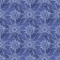 Snowy winter christmas seamless pattern, flash snowflake on blue ornament
